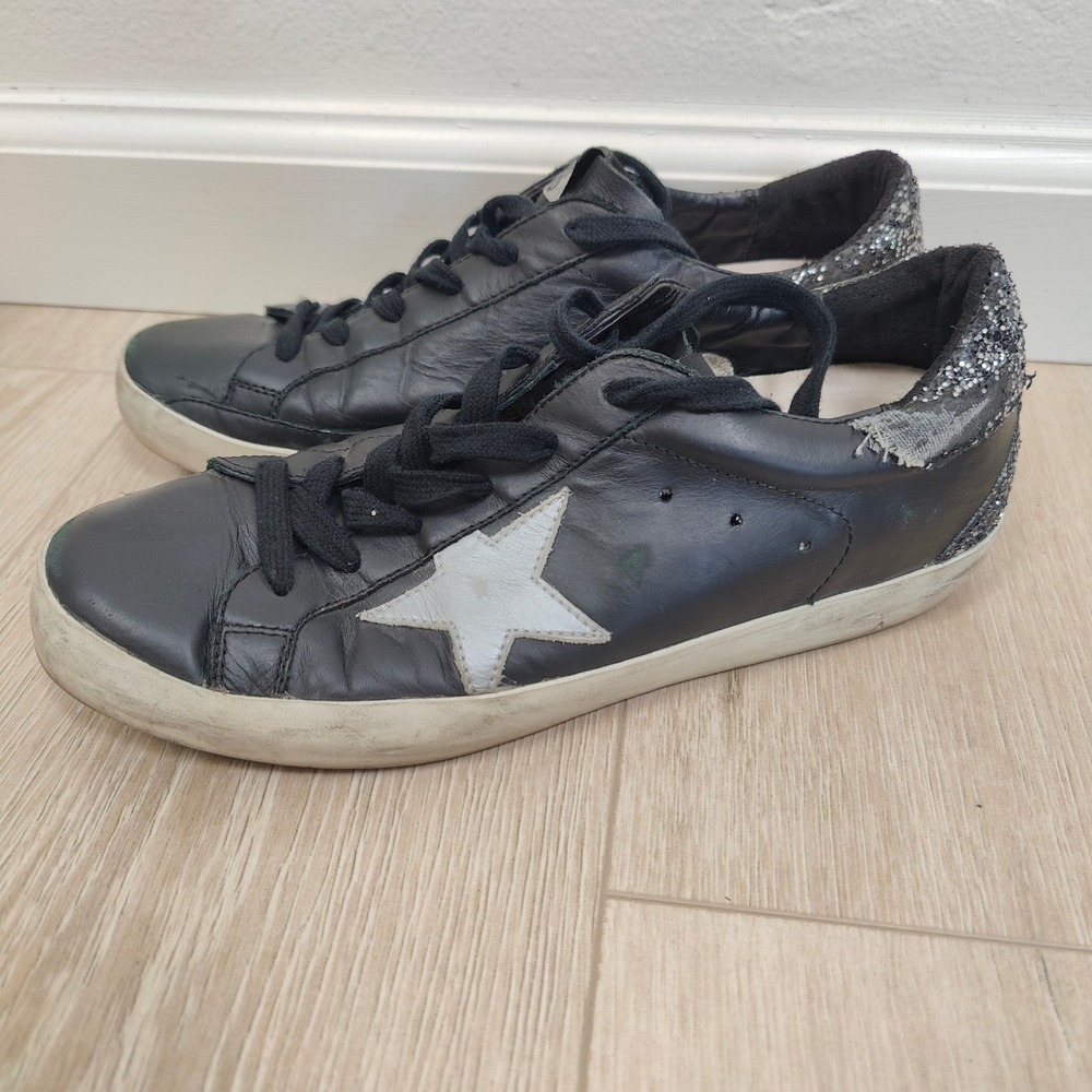 Golden Goose Superstar Sneakers Women 39 9 Black Leather Glitter Star Distressed - Picture 6 of 12